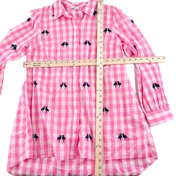 Crown & Ivy Medium Pink Gingham Button-Down Shirt Tunic Embroidered Flamingos - Picture 4 of 5